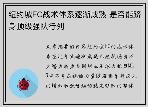 纽约城FC战术体系逐渐成熟 是否能跻身顶级强队行列