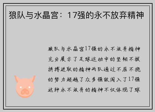 狼队与水晶宫：17强的永不放弃精神