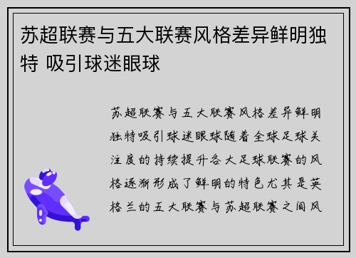 苏超联赛与五大联赛风格差异鲜明独特 吸引球迷眼球